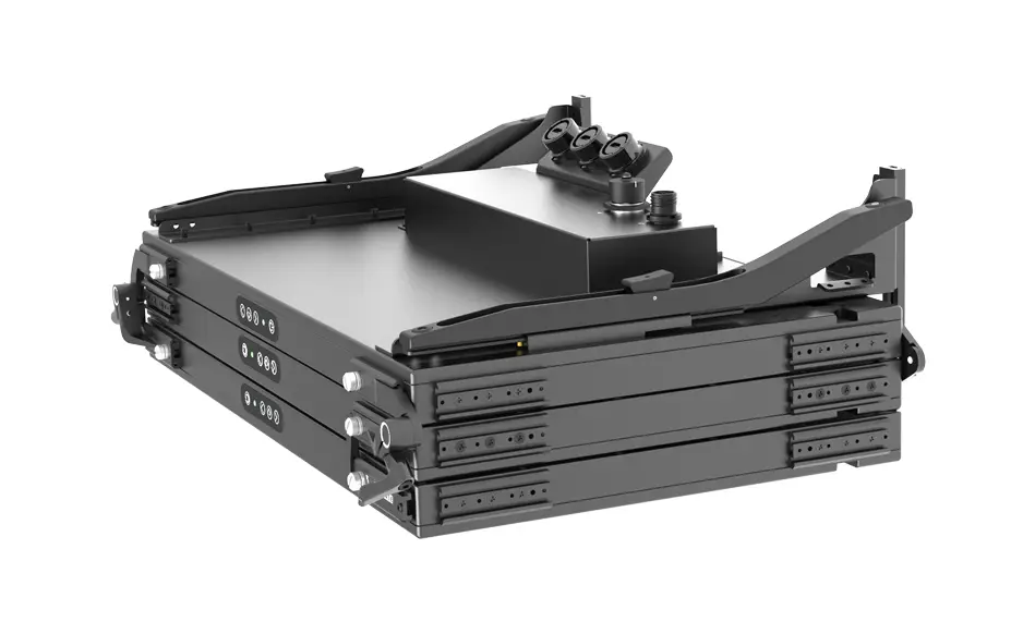 MIL-STD Display Fully Sealed DPac M24b Rugged Portable Display The underside of the MaxVision DPAC M24b display unit with its removable stand feet detached, ready for alternative mounting or compact storage.