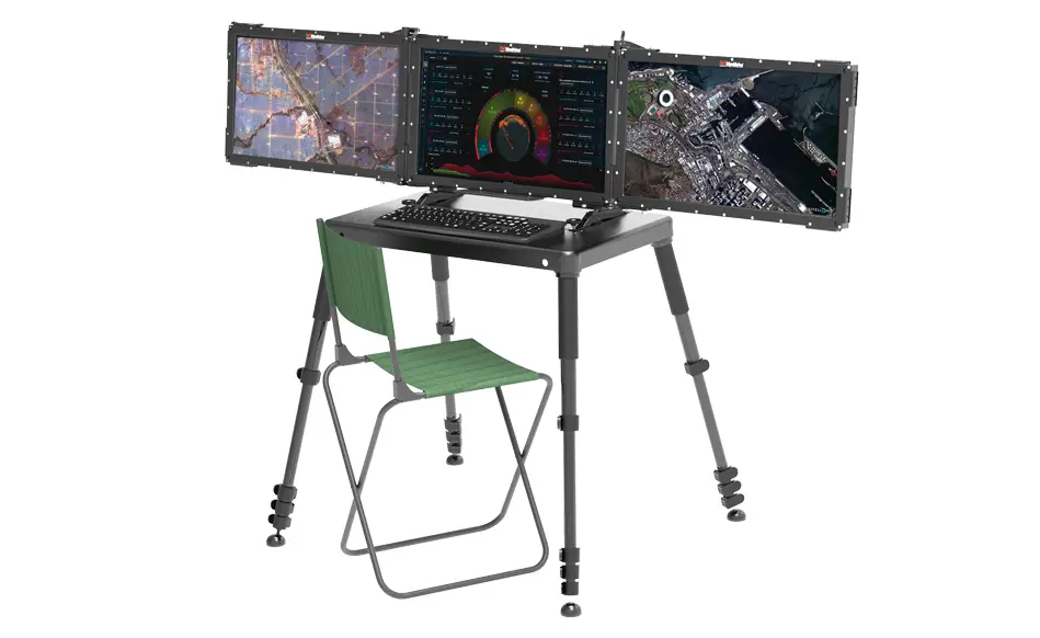 MIL-STD Display Fully Sealed DPac M24b Rugged Portable Display The MaxVision DPAC M24b rugged portable computer with three screens open, displaying satellite imagery and tactical data on a dark background, highlighting its high-performance and compact design.
