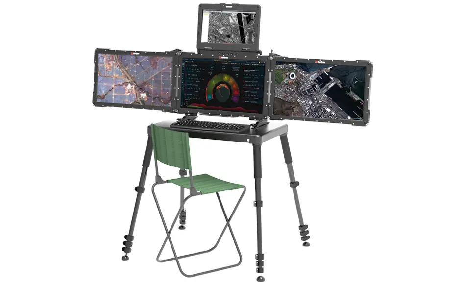 MIL-STD Display Fully Sealed DPac M24b Rugged Portable Display The MaxVision DPAC M24b portable computer system fully set up on a green folding table with a matching chair, showing its four screens displaying tactical information and satellite views. Using the DPac Dock for 4 screen option.