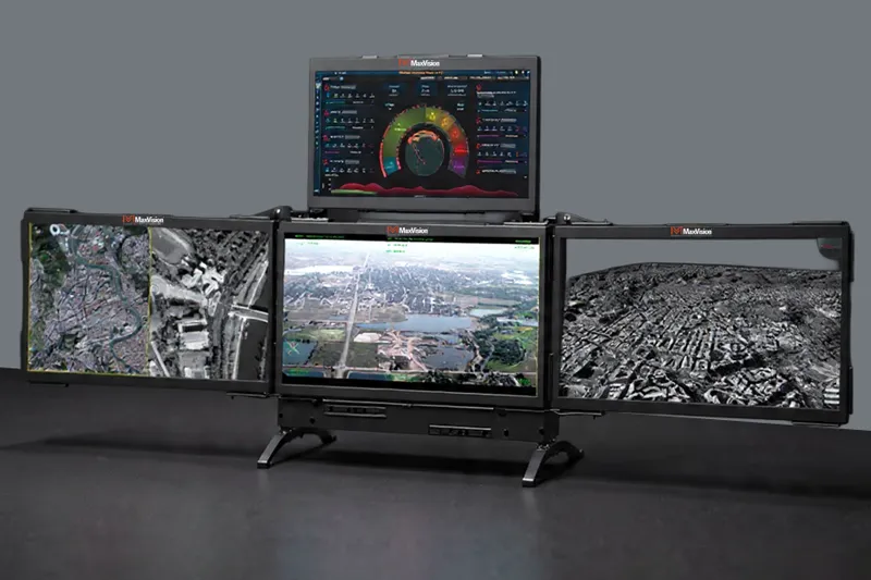 Deployable multi-screen display system with three folding anti-glare monitors for command center operations
