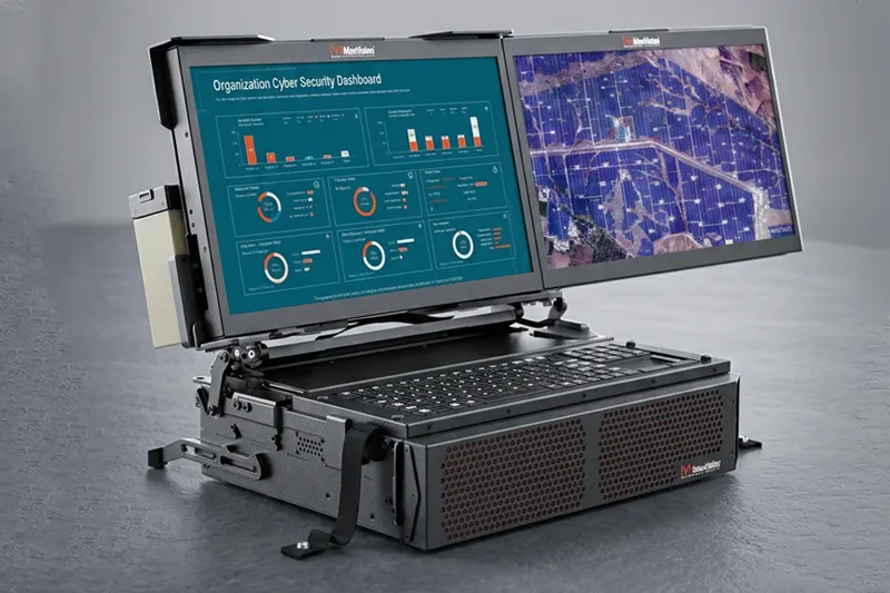Rugged portable workstation with dual folding screens and integrated keyboard for field C6ISR analysis