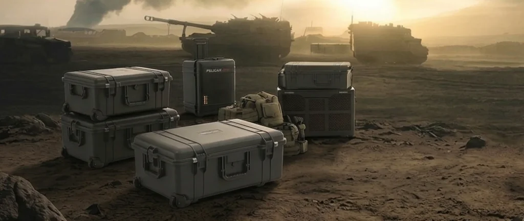 custom engineered transit cases 1 MaxVision MIL-SPEC rugged transit cases and tactical transport equipment displayed in a desert field operations environment with military tanks.