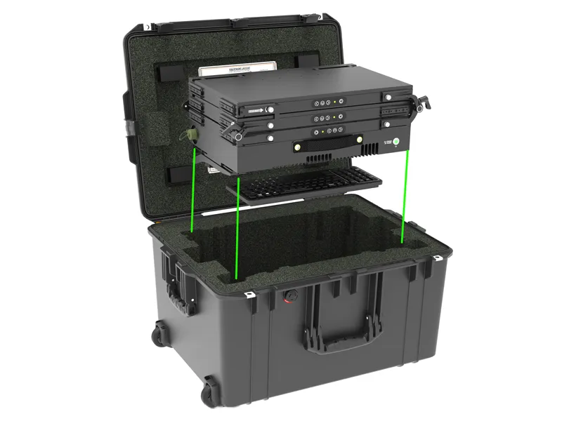 MaxVision Mesapac 8122CP rugged workstation lowering into its custom-foamed transit case with included keyboard slot