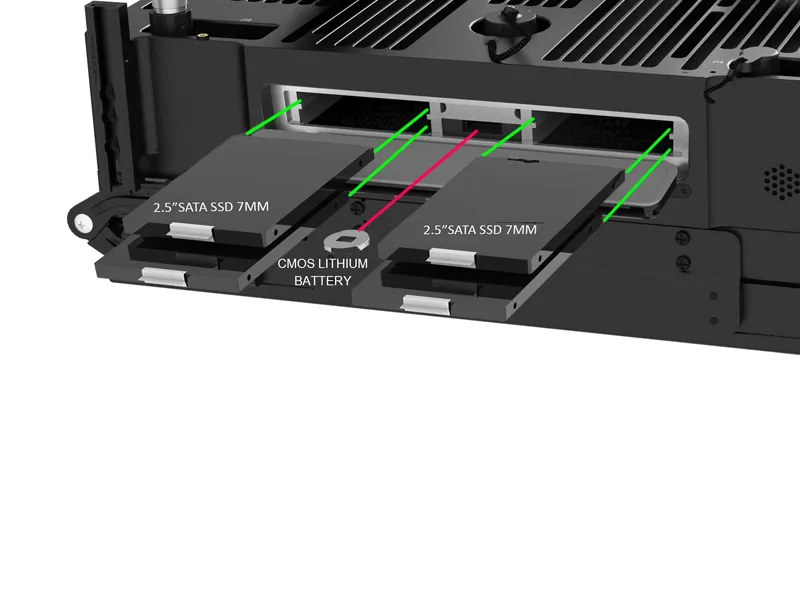 Front-accessible removable 2.5-inch SATA and NVMe SSD storage drives sliding out from the MaxVision Mesapac 8122CP workstation