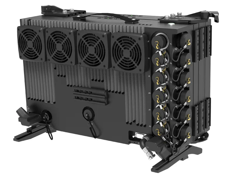 Rear view of the MaxVision Mesapac 8122CP showing heavy-duty cooling fans and sealed tactical I/O connectors