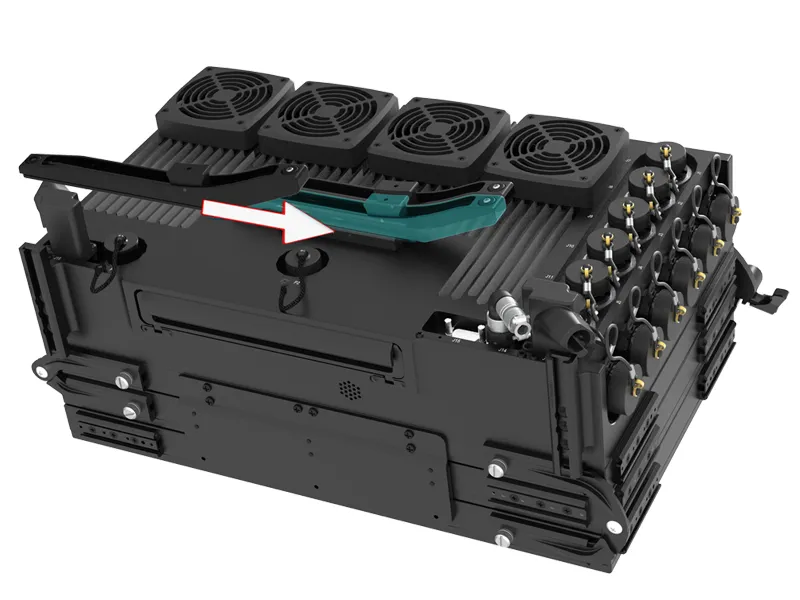 MaxVision Mesapac 8122CP rugged workstation showing rapidly removable feet for compact transit storage