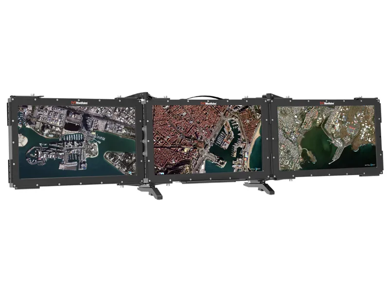 MaxVision Mesapac 8122CP rugged portable workstation deployed with triple sunlight-readable displays