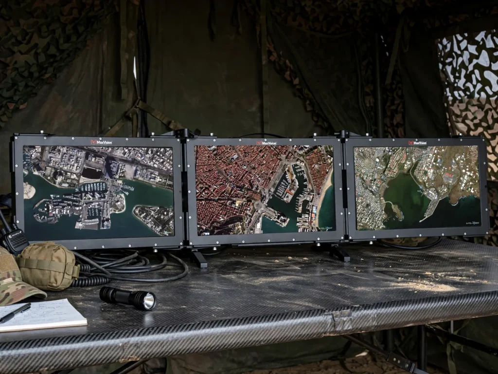 MaxVision MesaPac 8122CP triple-screen rugged portable workstation deployed in a tactical military field tent displaying geospatial mapping data