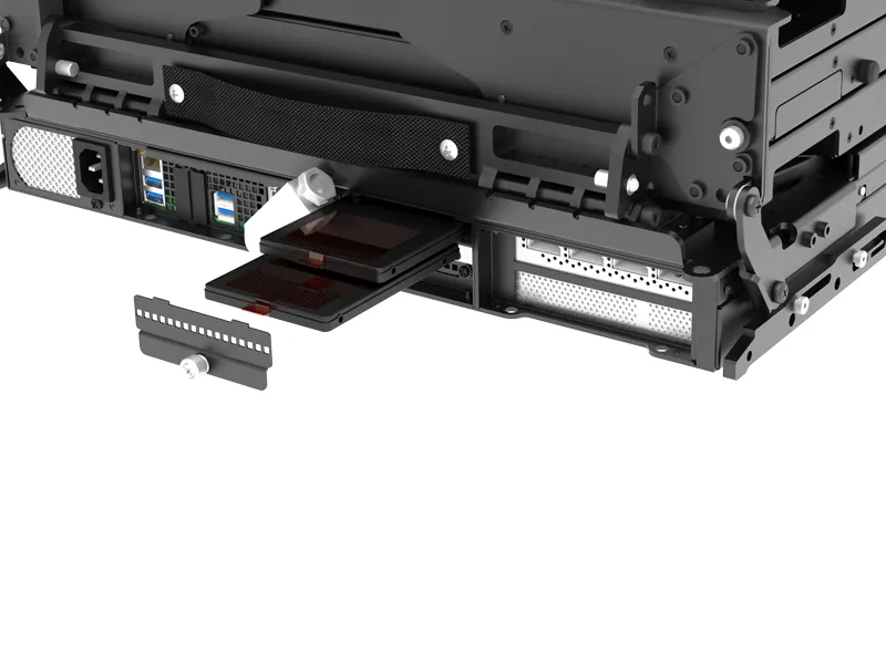 minipac™ 8001cp rugged portable workstation 5 Rear view of MaxVision MiniPac CP showing I/O ports and removable NVMe storage drives