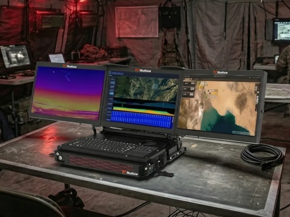 minipac™ 8001cp rugged portable workstation 1 MaxVision MiniPac CP triple-screen rugged workstation deployed in a tactical military command tent at night running UAV thermal, C6ISR, and GCS software