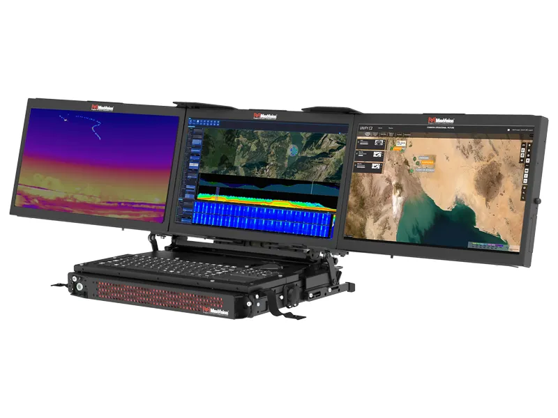 minipac™ 8001cp rugged portable workstation 2 MaxVision MiniPac CP triple-screen rugged portable workstation unfolded with active mapping displays