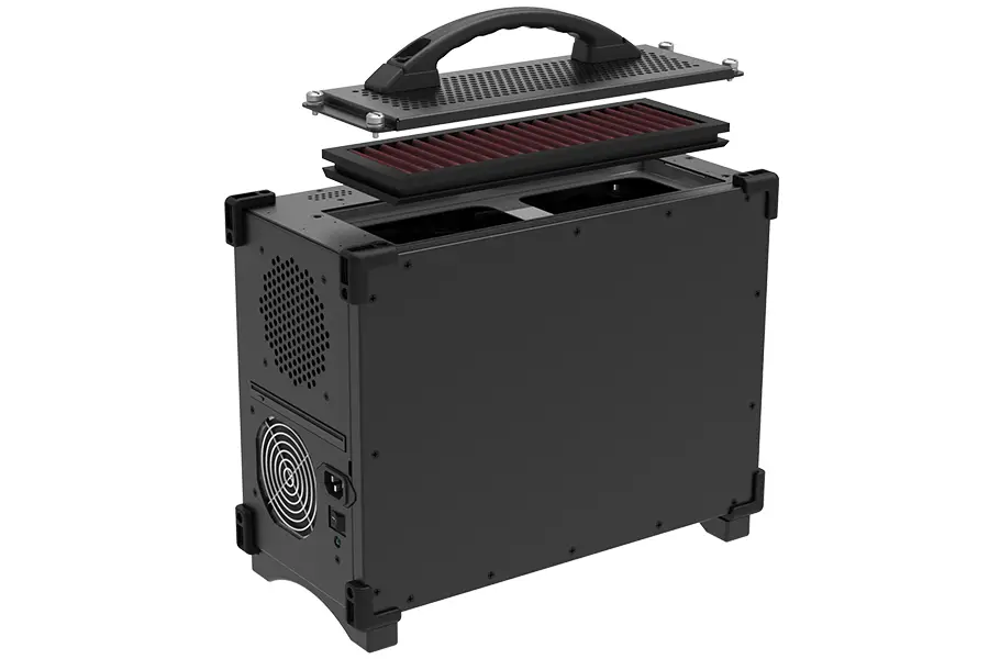 Close-up of the SIMPAC 8000's removable filtration system with rechargeable air filter, for dust protection in rugged environments.