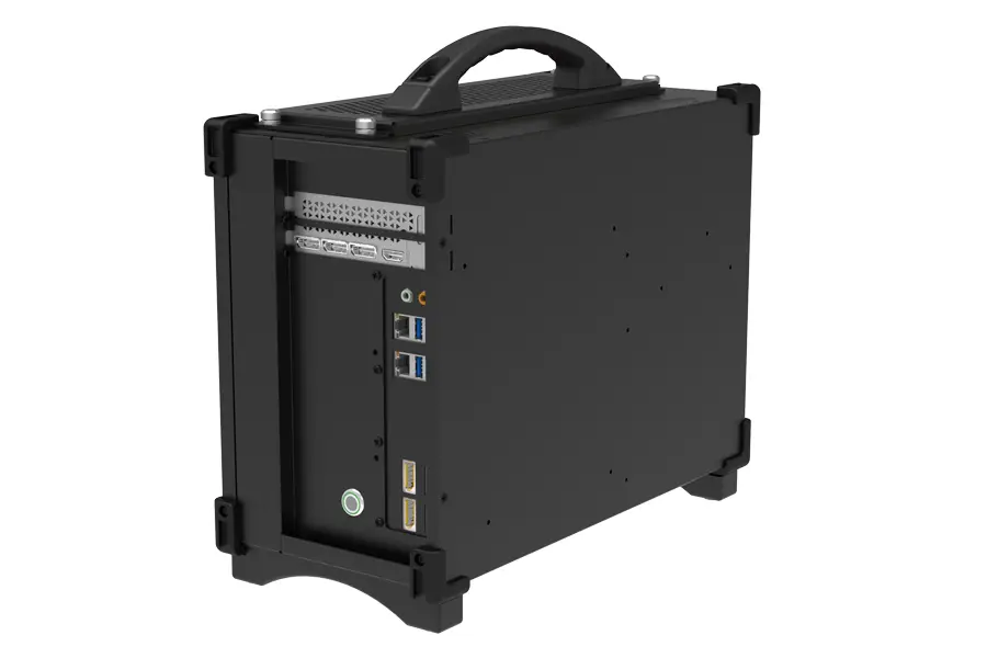 Detailed view of the SIMPAC 8000's feature-rich I/O panel, including USB 3.2 and 2.5GbE ports, for maximum connectivity in the field.